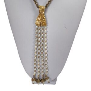 Vintage Castlecliff Necklace Faux Pearl Drop Tassels Gold Tone Lawrence Vrba